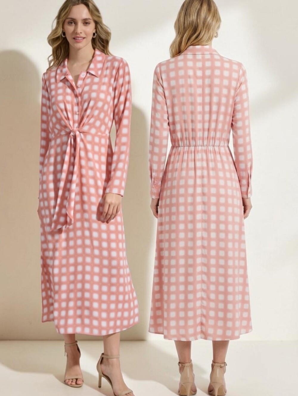 CALVIN KLEIN Rose Gingham Tie Front Midi Shirt Dress - Size M